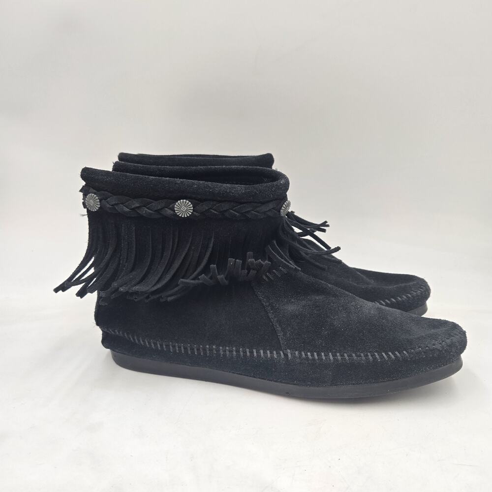 Minnetonka Black Fringe Ankle Boots Moccasin Leather Hippie Boho FESTIVAL Sz 10